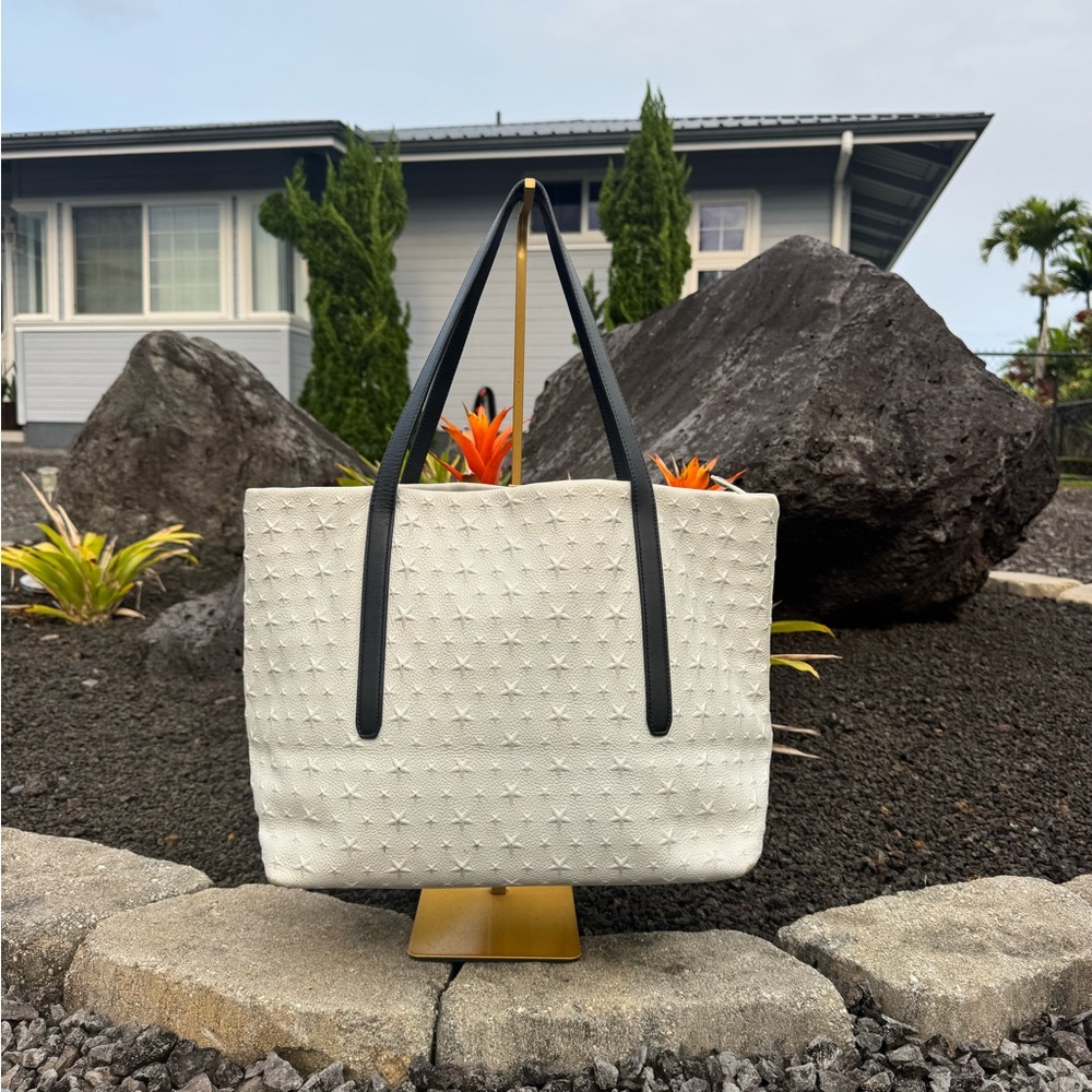 Jimmy Choo White Star Embossed Leather Tote Bag Black Handles Made in Italy - Picture 4 of 16